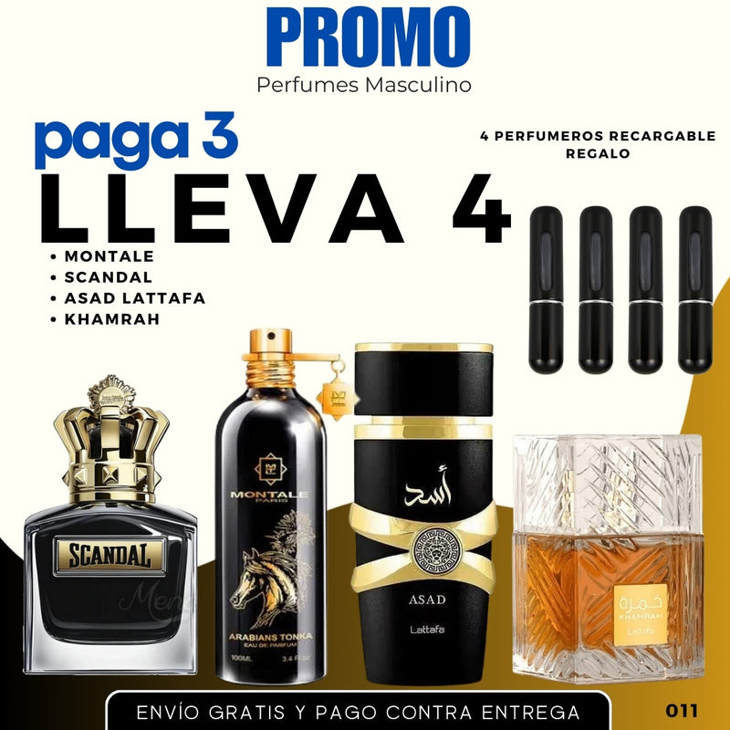 0011 - KIT 4 PERFUMES + 4 REGALOS (Asad, Khamrah, Tonka, Scandal + 4 perfumeros)