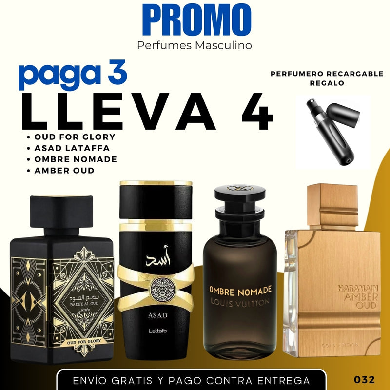 0032 - KIT 4 PERFUMES + REGALO ( Lattafa Oud For Glory, Lattafa Asad, Al Haramain, Ombre Nomade)