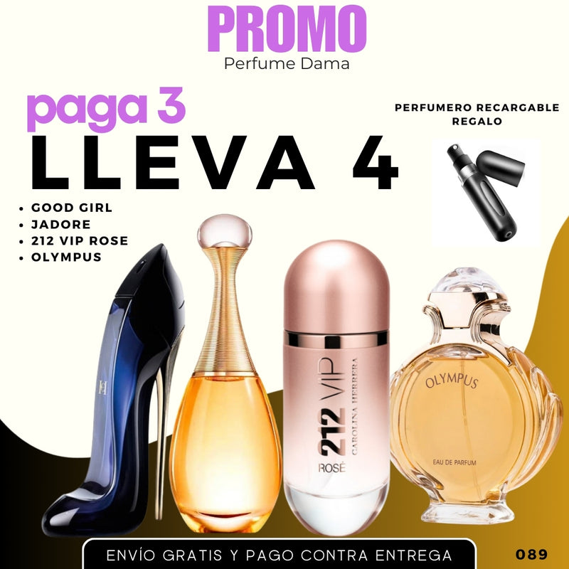 0089 - KIT 4 PERFUMES + 1 REGALOS (Good girl + 212 Vip Rose +Olympea + Jadore + perfumero)