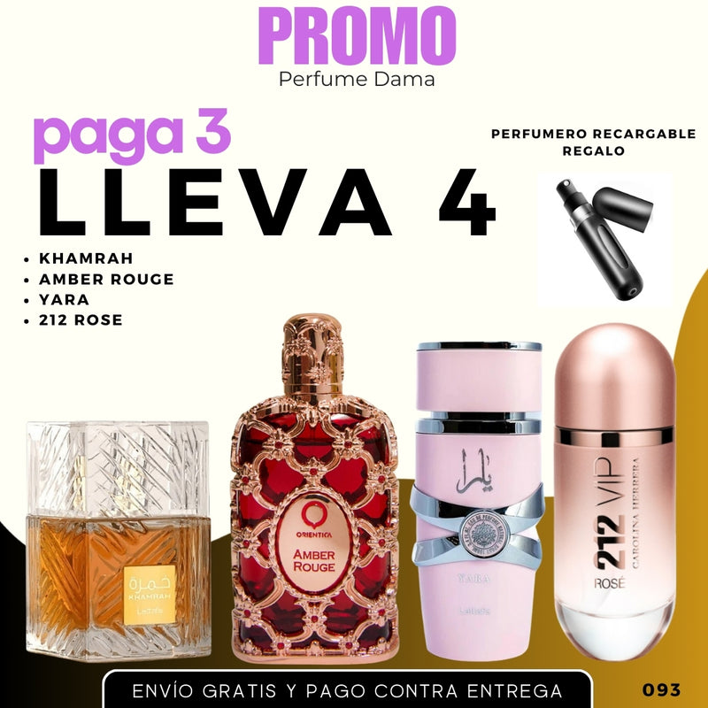 0093 - KIT 4 PERFUMES + REGALO (khamrah+amber rouge+yara+212 rose+ perfumero)