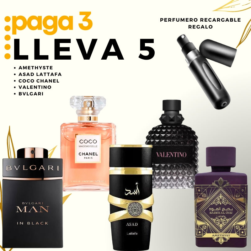 0046 - KIT 5 PERFUMES + REGALO ( amethyste, Asad, coco chanel, valentino, bvlgari + perfumero)