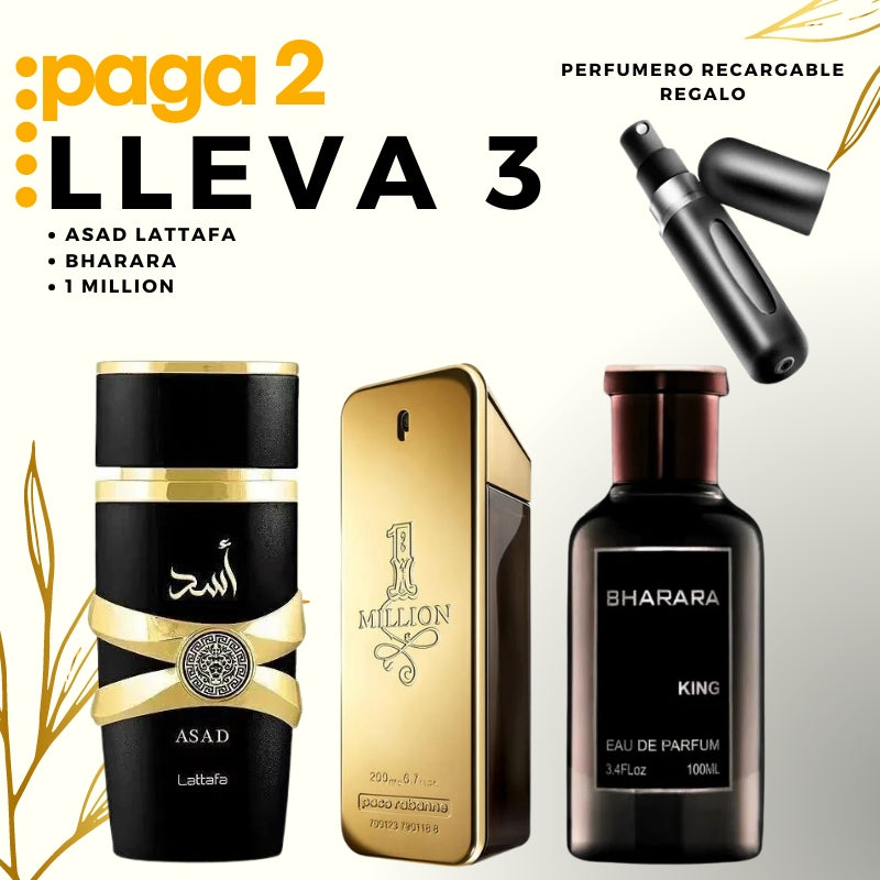 0050 - KIT 3 PERFUMES + REGALO (Asas+Bharara+1 Million+perfumero)