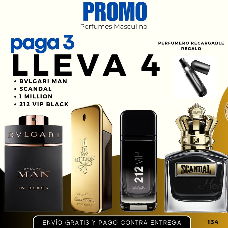 0134 - 4 PERFUMES + 1 REGALO (Scandal+one million+vip black+bvulgari + perfumero)