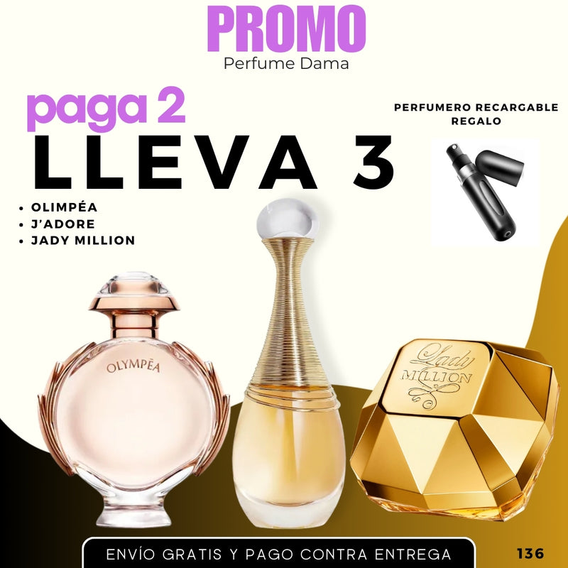 0136  3 PERFUMES + 1 REGALO (J’adore, Olympéa,Lady Million+ Perfumero)