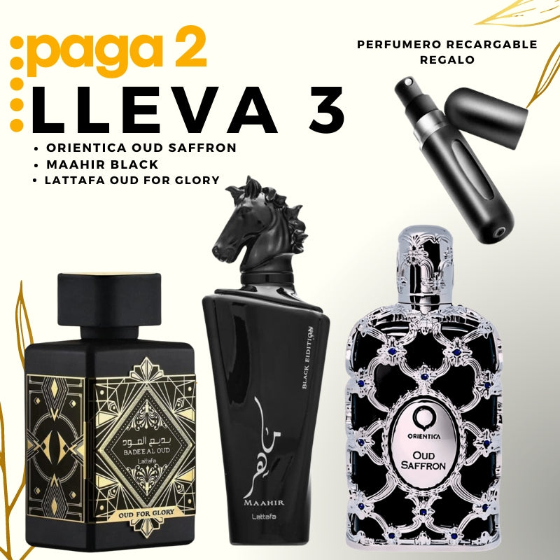 0030 - KIT 3 PERFUMES + REGALO (Maahir Black, Orientica Oud Saffron Lattafa Oud For Glory)