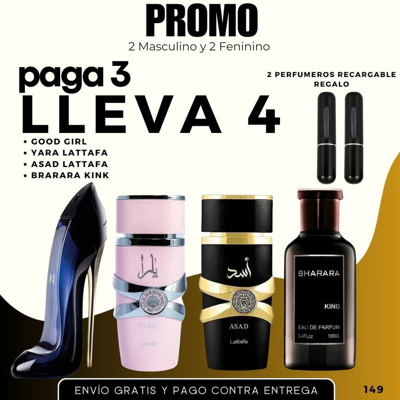 0149 - 4 PERFUMES + 2 REGALO (Asad, yara , good Girl, bharara + 2 Perfumero)