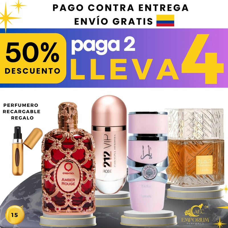 15-  4 PERFUMES  + REGALO (Amber, 212rose,yara,  Khamrah + perfumero)