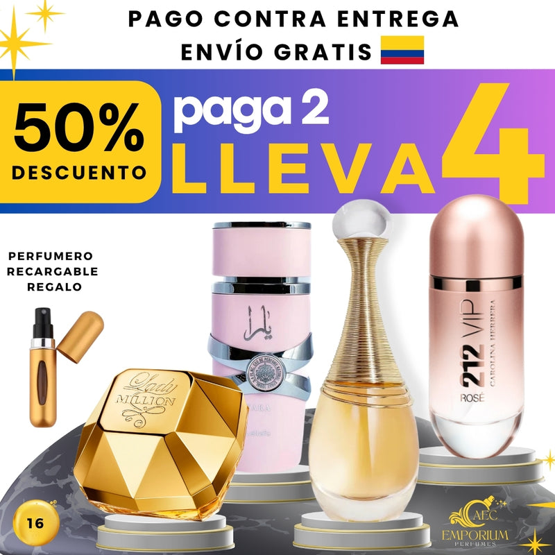16- 4 PERFUMES + 1 REGALO (Yara+212 vip rose+jadore+lady million + perfumero)