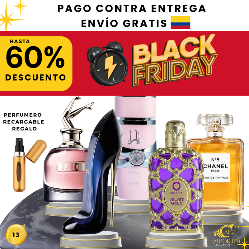 13 - 5 PERFUMES + REGALO (Chanel N5 - Valvet Gold  - Good Girl - Scandal - Yara Lattafa + Perfumero regarcable)