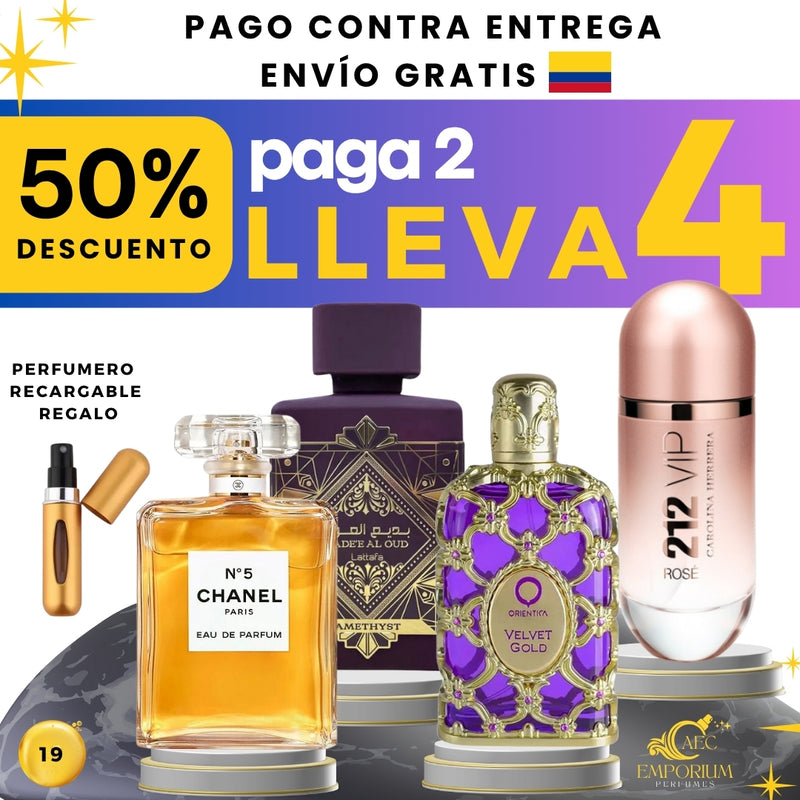 19 - 4 PERFUMES + 1 REGALO (Velvet Gold,212 Vip R,Amethesty,N5chanel)