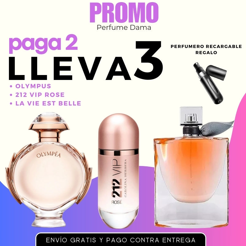 0137  3 PERFUMES + 1 REGALO (La Vie Est Belle, Olympéa, 212 VIP Rosé)