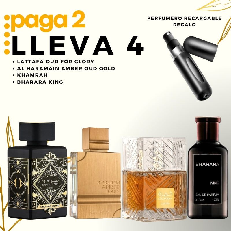 0037 - KIT 4 PERFUMES + REGALO (Lattafa Oud For Glory, Al Haramain, khamrah Bharara)