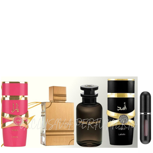 0098 KIT 4 PERFUMES + 1 REGALO (Yara+haramain+ombre nomade+asad)