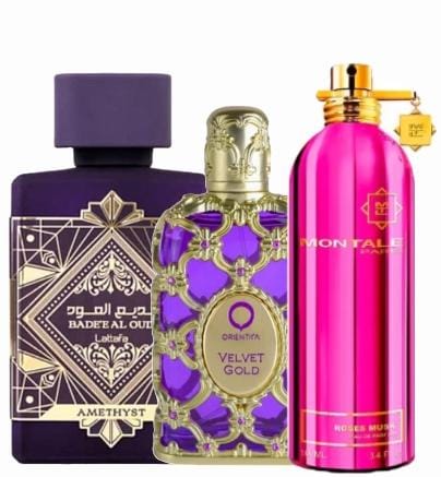 0025 - KIT 3 PERFUMES ( Lattafa Amethyste, Orientica Velvet Gold, Montale Roses Musk)