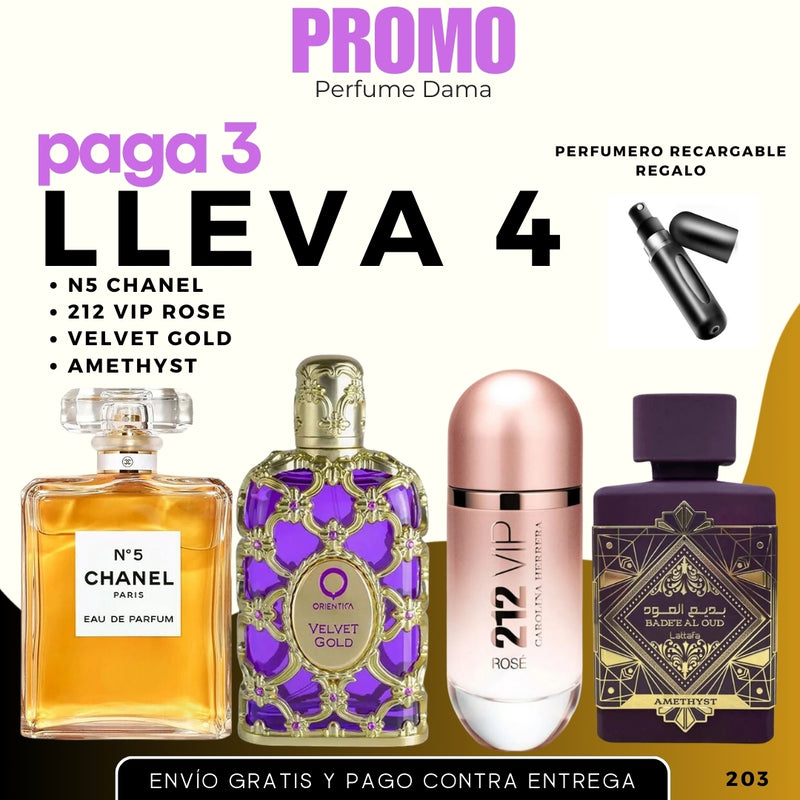 0203 - KIT 4 PERFUMES + 1 REGALO (Velvet Gold,212 Vip R,Amethesty,N5chanel)