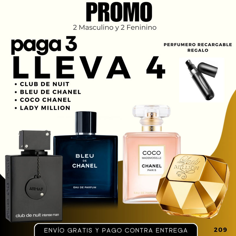 0209 - 4 PERFUMES + 1 REGALO - (Club Nuit+Bleu Chanel+Coco C+LadyM+perfumero)