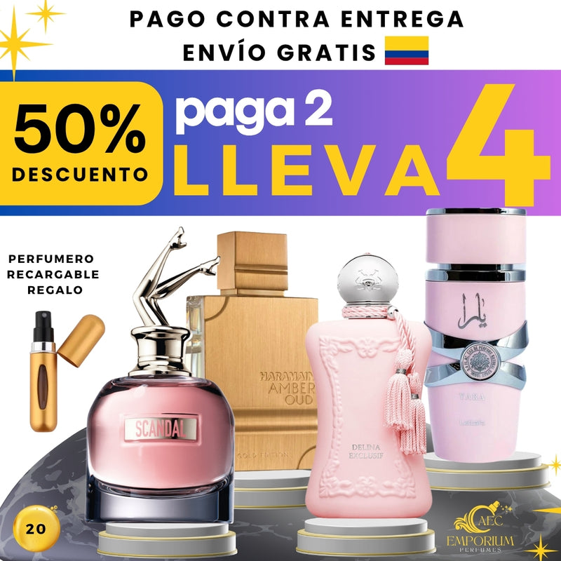 20- KIT 4 PERFUMES + 1 REGALO (Scandal dama+haramain+yara+delina)