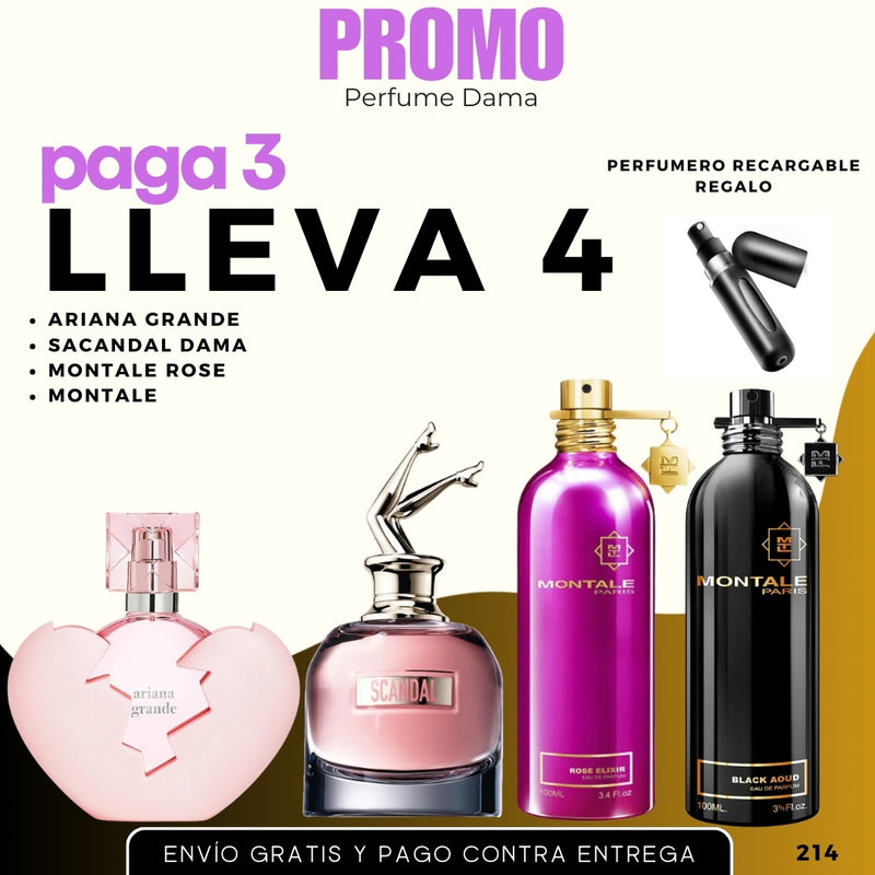 0214 - 4 PERFUMES + REGALO (Móntale roses+arabians+scandal+thank u + perfumero)