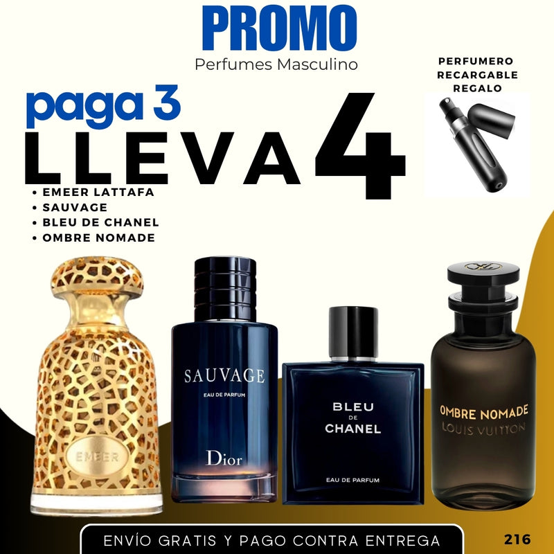 0216 - 4 PERFUMES + REGALO (Emer+sauvage+bleu Chanel+ombre nomade + perfumero)