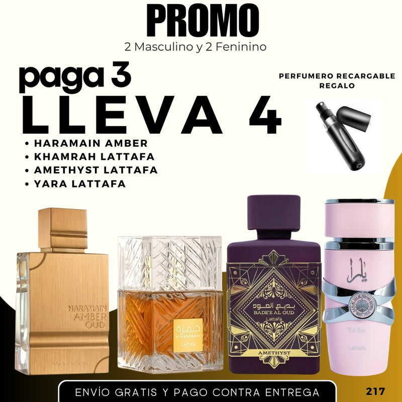 0217 - 4 PERFUMES + REGALO (Khamrah+yara+amethyst+haramain Amber o+perfumro)