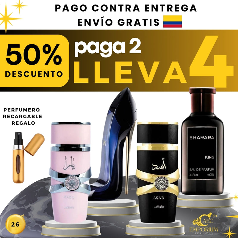 26 - 4 PERFUMES +  REGALO (Asad, yara , good Girl, bharara +  Perfumero)