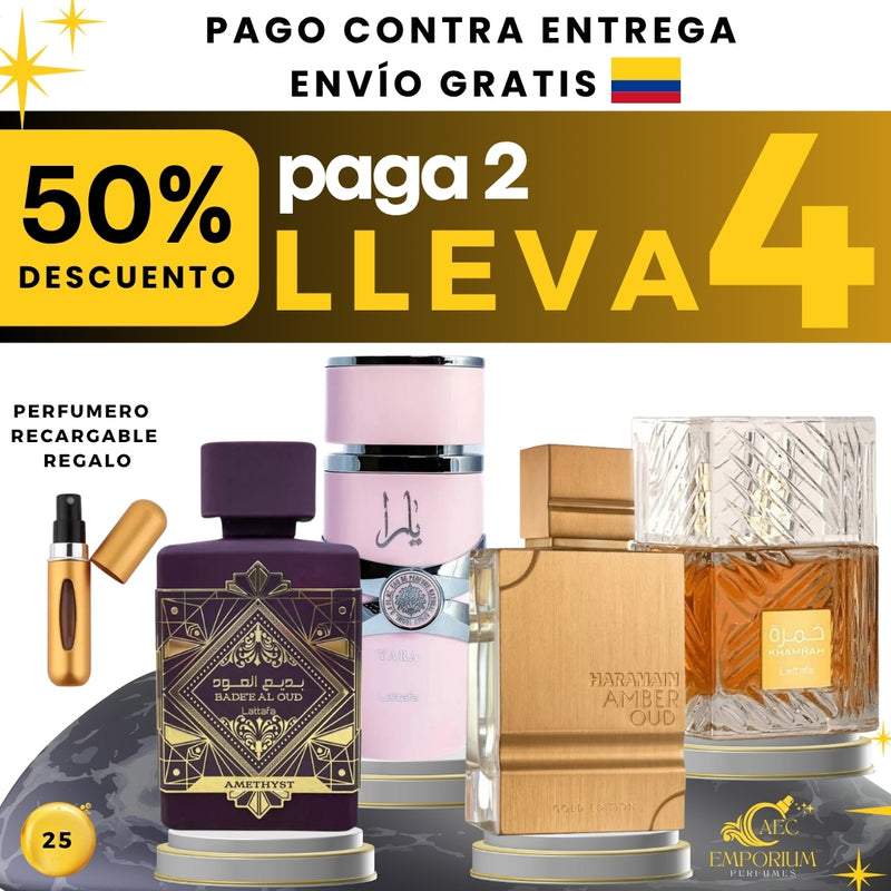 25- 4 PERFUMES + REGALO (Khamrah+yara+amethyst+haramain Amber o+perfumro)