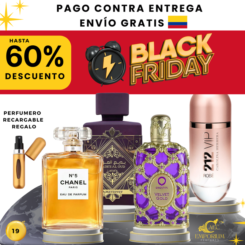 19 - 4 PERFUMES + 1 REGALO (Velvet Gold,212 Vip R,Amethesty,N5chanel)