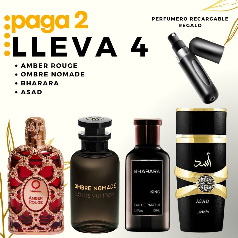 0029 - KIT 4 PERFUMES + REGALO ( Bharara King, Lattafa Asad, Orientica Amber Rouge, Ombre Nomade)