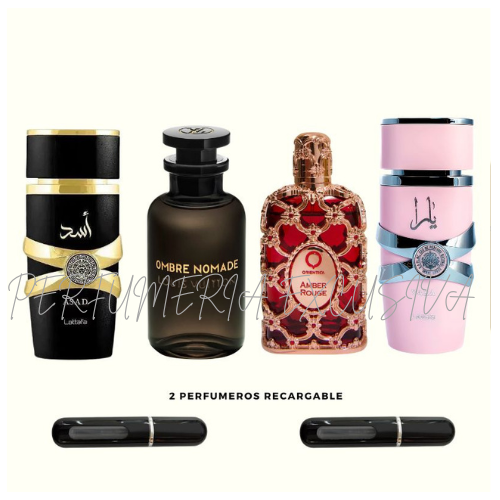 0111 - 4 PERFUMES + REGALO (Asad+yara+ombre nomade+amber+2 perfumero)