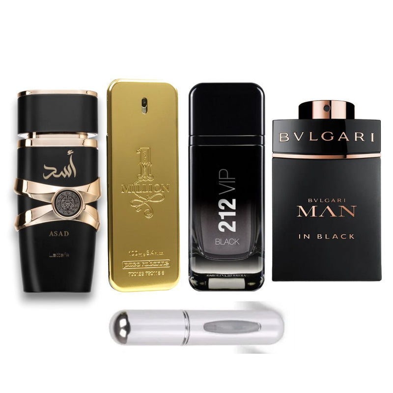 0066 - KIT 4 PERFUMES CABALLERO + REGALO  (1 million + Asad Lattafa+ 212 Vip black+Bvlgari+ Perfumeros)