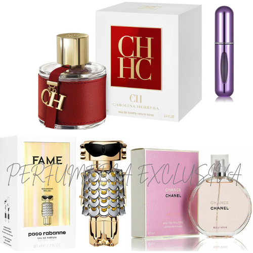 0202 - KIT 4 PERFUMES + 1 REGALO (Fame, Chace Chanel, Carolina CH+perfumero)