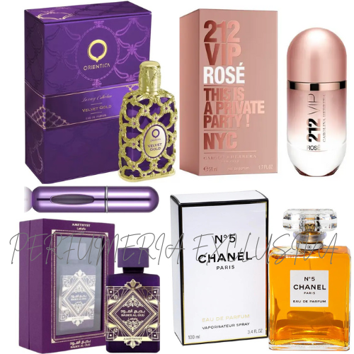 0203 - KIT 4 PERFUMES + 1 REGALO (Velvet Gold,212 Vip R,Amethesty,N5chanel)