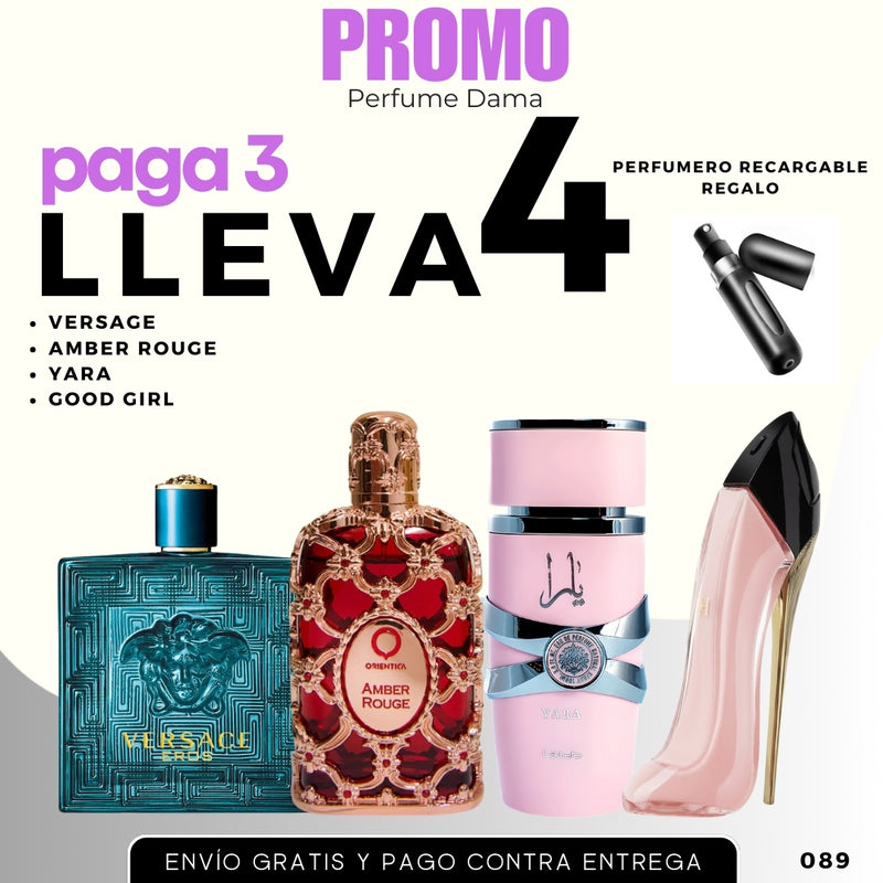 0084 - KIT 1 PERFUME + REGALO (Good girl+Eros+amber rogué+yara+perfumero)
