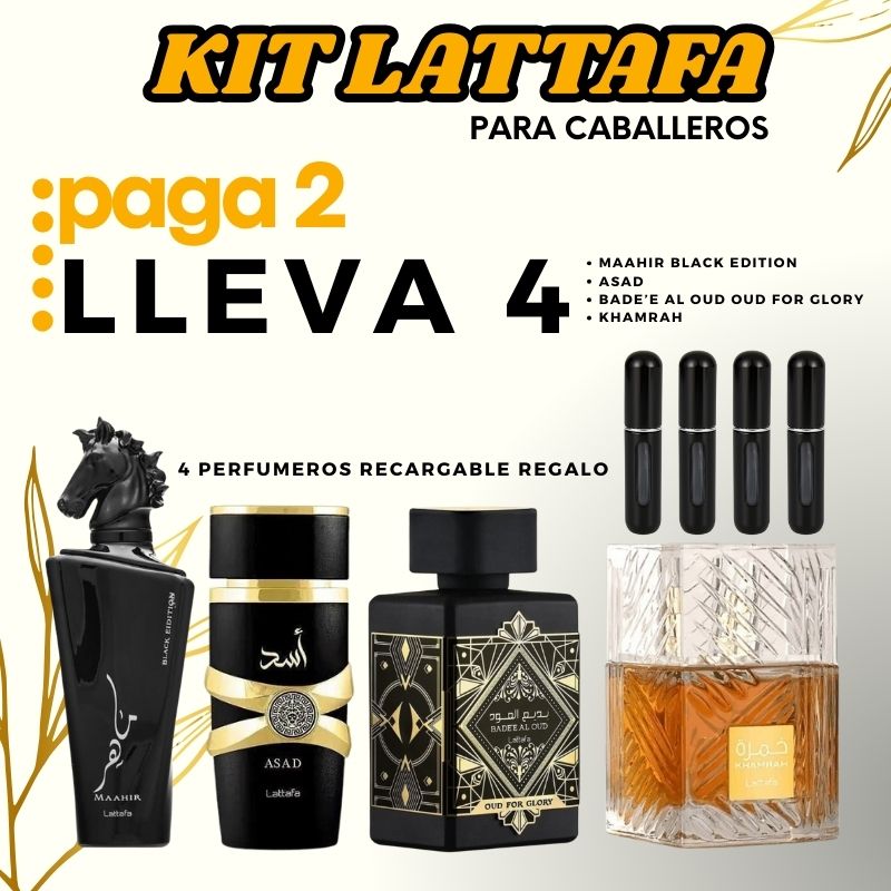 0113 - 4 PERFUMES + REGALO (Maahir +asad+oud for glory+khamrah+4 perfumero)