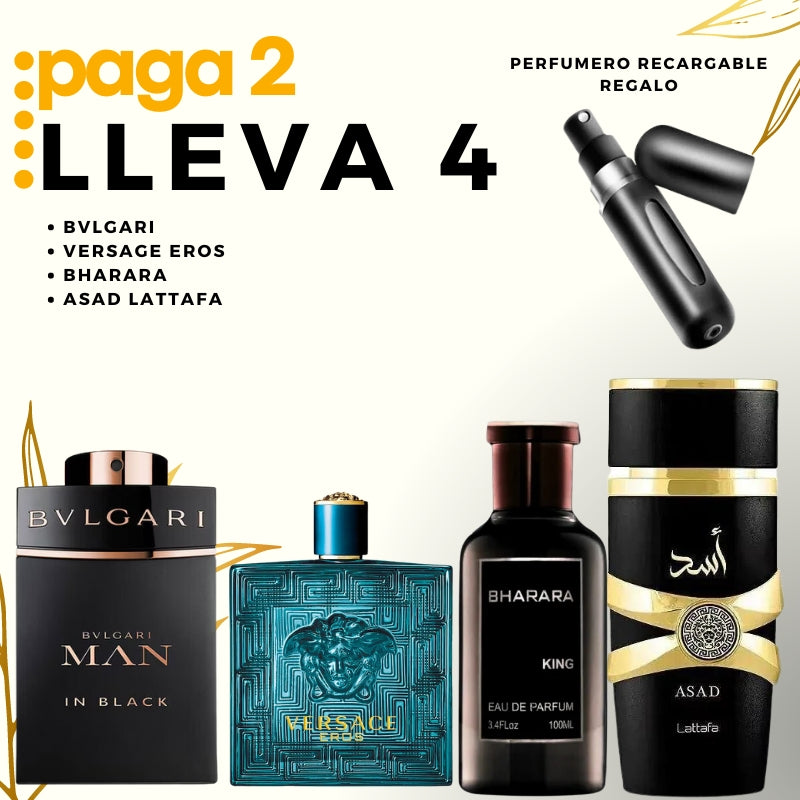 0018 - KIT 4 PERFUMES + REGALOS (Eros + Asad + Bvlgari Man In Black + Bharara)