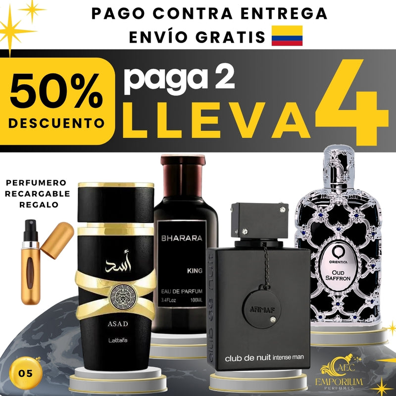 05 KIT 4 PERFUMES + 1 REGALO (Club de nuit+oud saffron+asad+bharara + perfumero)