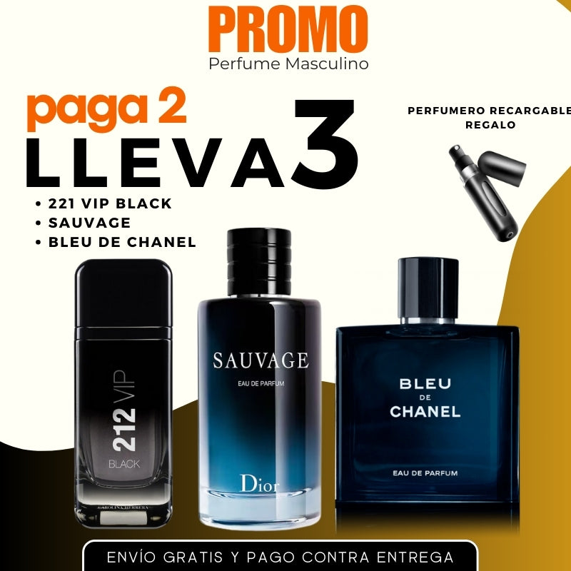 0133 - 3 PERFUMES + 1 REGALO ( 212 VIP B, Bleu Chanel+Sauvage+perfumero)