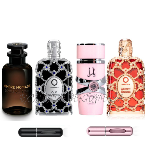 0079- KIT 4 PERFUMES + 2 RAGALOs (Ombre nomade+oud safron+yara larrafa+royal amber + 2 perfumeros)