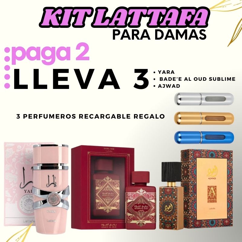 0112- 3 PERFUMES LATTAFA + REGALOS (Ajwad+oud sublime+yara+3 perfumeros)