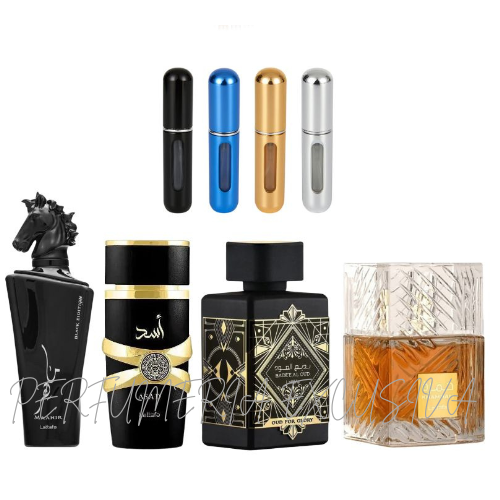 0113 - 4 PERFUMES + REGALO (Maahir +asad+oud for glory+khamrah+4 perfumero)