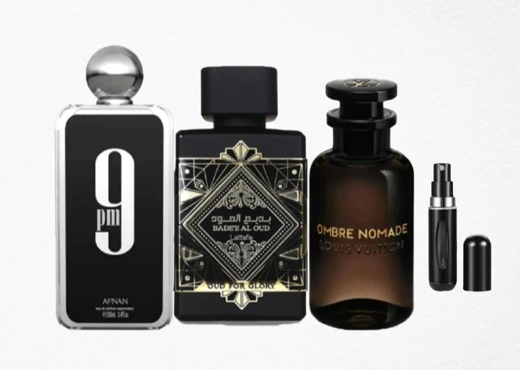 0036 - KIT 3 PERFUMES + REGALO ( Ombre Nomade, 9 Pm, Lattafa Oud For Glory  Mas Perfumero Recargable)