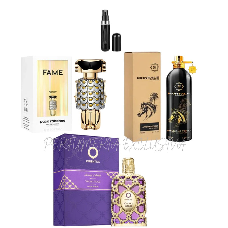 0178 - 3 PERFUMES + 1 REGALO (Fame, Montal Tonka, Velvet Gold+perfumer)