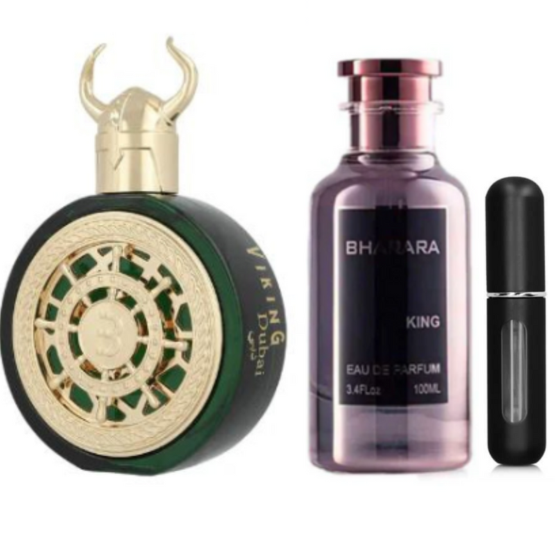 0038 - KIT 2 PERFUMES + REGALO (Bharara king, Bharara Vikings + Perfumero)