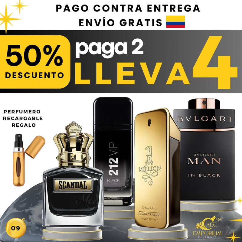 09 - 4 PERFUMES + 1 REGALO (Scandal+one million+vip black+bvulgari + perfumero)