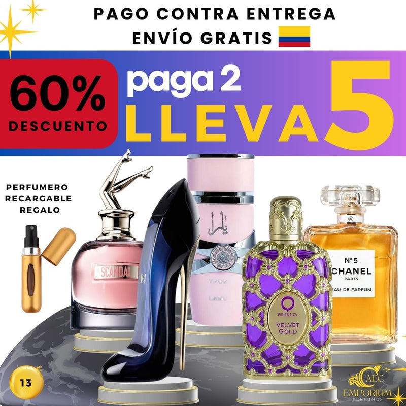 13 - 5 PERFUMES + REGALO (Chanel N5 - Valvet Gold  - Good Girl - Scandal - Yara Lattafa + Perfumero regarcable)