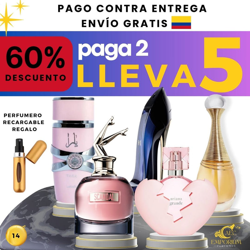 14 - 5 PERFUMES + REGALO (Ariana Grande - J'adore - Good Girl - Scandal - Yara Lattafa + Perfumero regarcable)