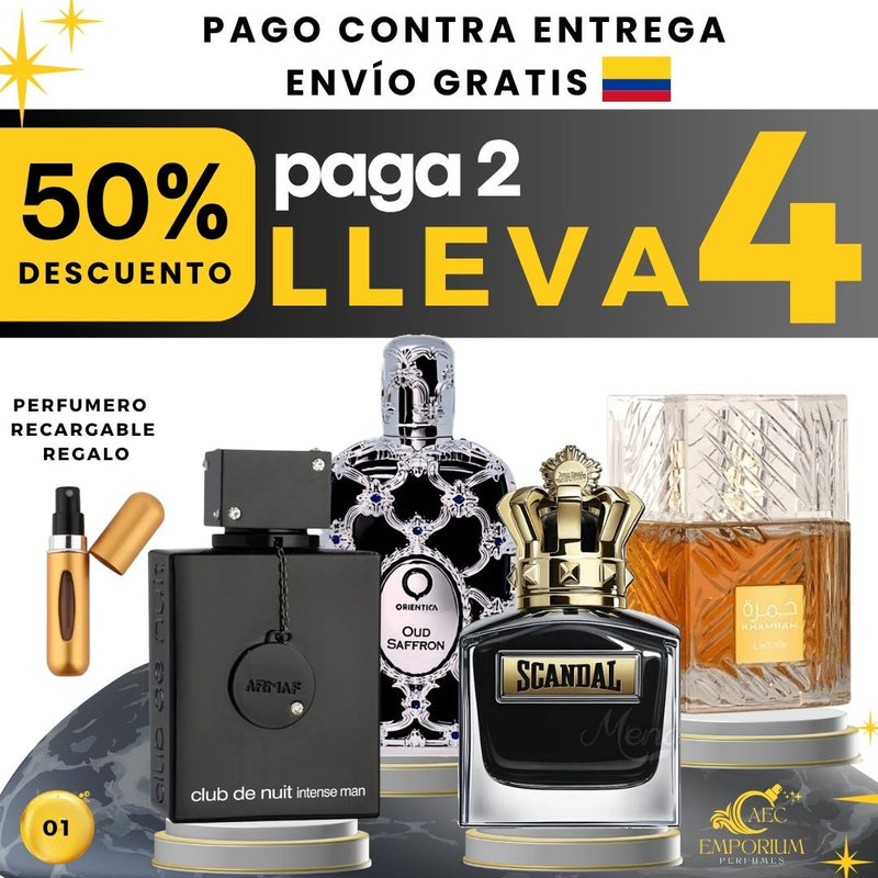 01 - 4 PERFUMES + 1 REGALOS (Scandal+khamrah+Oud saffron+club+1 perfu)