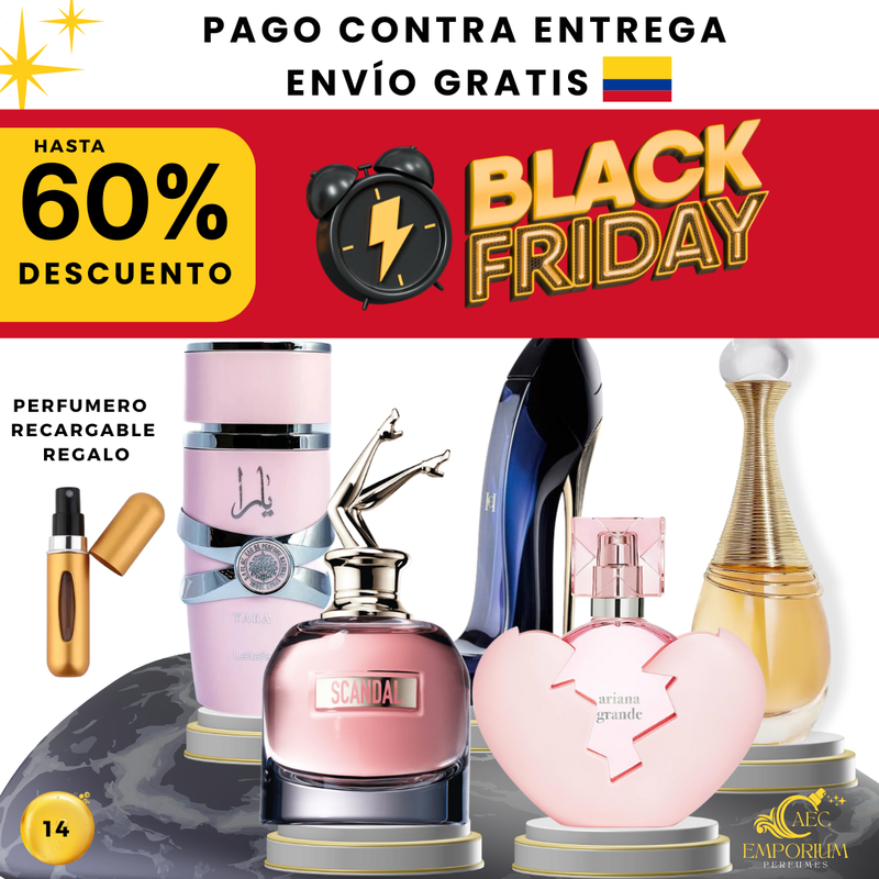 14 - 5 PERFUMES + REGALO (Ariana Grande - J'adore - Good Girl - Scandal - Yara Lattafa + Perfumero regarcable)