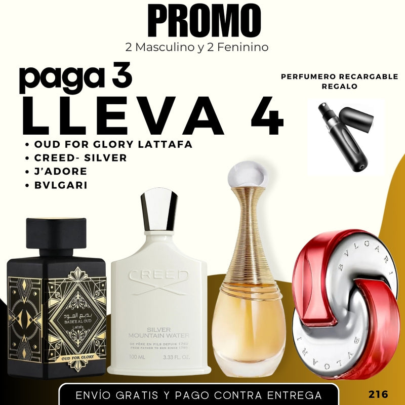 0216 - 4 PERFUMES + REGALO (Oud for glory+creed silver+bulgary+ J'dore + perfumero)