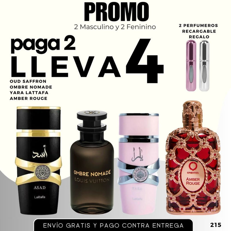 0111 - 4 PERFUMES + REGALO (Asad+yara+ombre nomade+amber+2 perfumero)